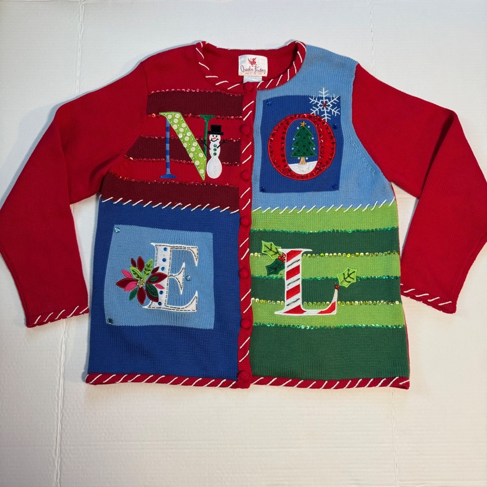 Quaker Factory Ugly Christmas Sweater Womens L Holiday Snowman‎ Tree Letters
